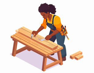 Isometric Illustration of a Skilled African American Woman Carpenter Meticulously Measuring Wood on a Workbench, Highlighting Precision, Craftsmanship, and DIY Project Dedication