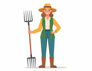 Happy female farmer in a straw hat holding a pitchfork, ready for field work, agricultural lifestyle