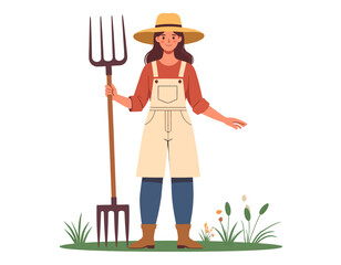 Cheerful female farmer character in straw hat and overalls, holding a pitchfork. Embracing sustainable agriculture and a healthy outdoor lifestyle