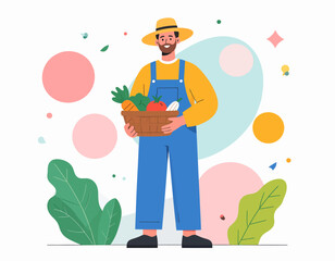 Cheerful Farmer with Harvest Basket A Colorful Illustration for Agriculture and Fresh Produce