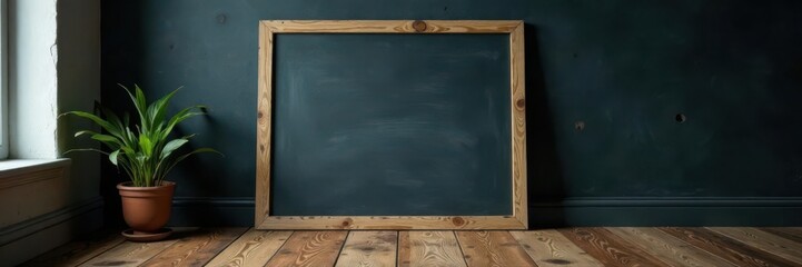 Empty chalkboard menu board on rustic wooden floor , shadow, worn, brown