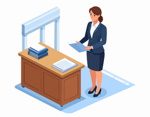 Professional woman in a suit holding documents in an office standing by a desk with books and papers