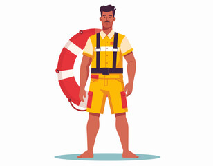 Lifeguard standing in a yellow uniform with a red and white life preserver ring, ready for duty