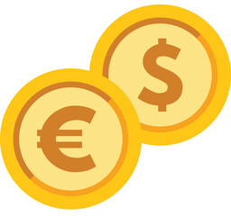 Golden coins with dollar and euro signs representing international currency exchange and global finance