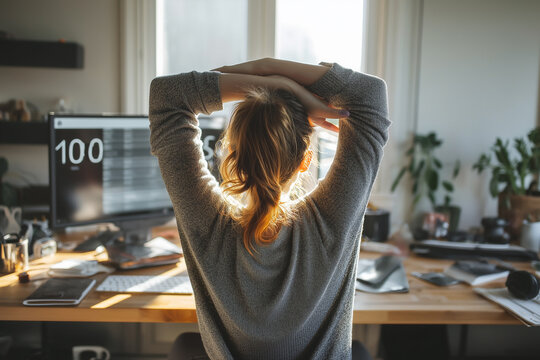 Woman resting at her home office, catching the afternoon sun after a long day of hard work, with her hands behind her head.