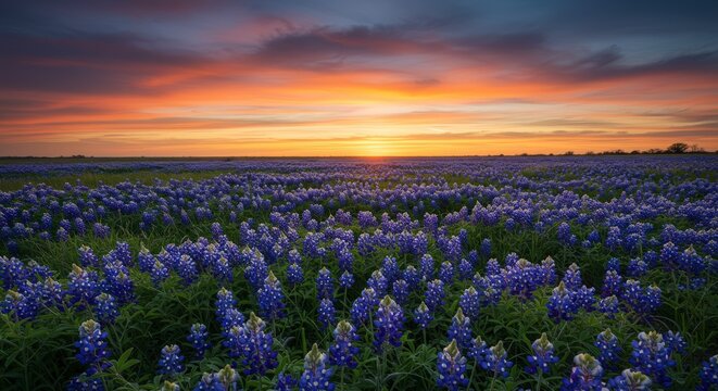 Sunset over field of bluebonnets