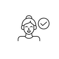 Woman in headphones and checkmark. Listening to music, approved radio or podcast quality. Pixel perfect, editable stroke vector icon