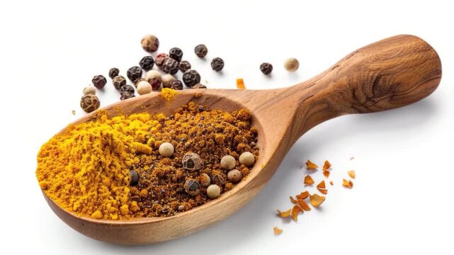 A wooden spoon filled with different types of spices, suitable for cooking and food styling