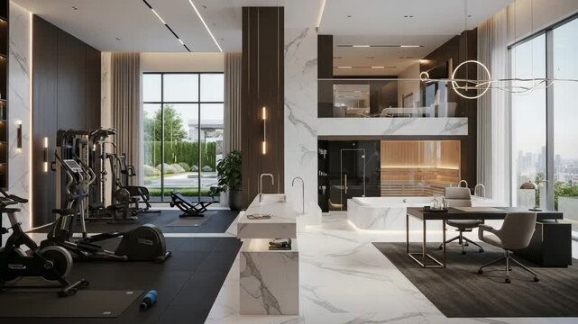 Modern luxury mansion interior with gym, spa, sauna, home office, marble floor, large windows, natural light, contemporary design, high-end wellness space