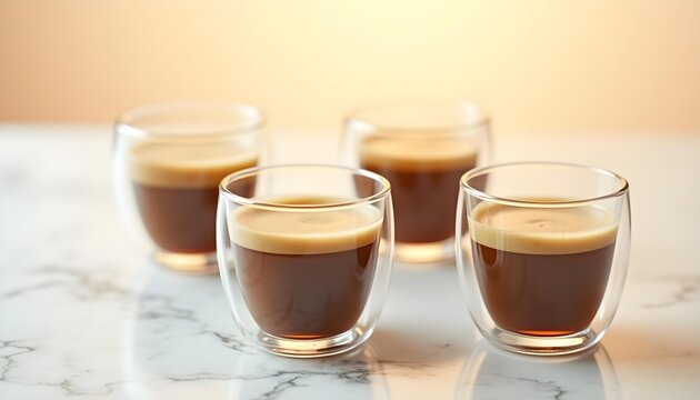 Dark Espresso Coffee in Clear Glasses on Marble Surface with Warm Lighting