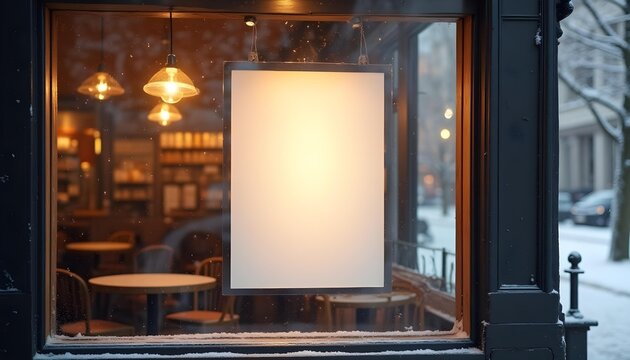Blank White Sign Hanging in Restaurant Window During Snowy Winter