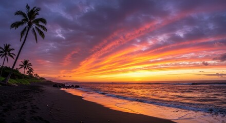 Sunset over volcanic black sand beach