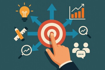 Hand Pointing at Target surrounded by Graphs, Lightbulb, Tools, and Communication Icons