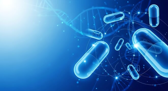 A digital illustration showcases glowing blue capsules and a DNA helix, highlighting a scientific or pharmaceutical theme. - Powered by Adobe