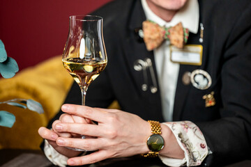 Elegant man in formal attire holding a glass of white wine, wearing a floral shirt, colorful bow tie, and gold watch, in a stylish upscale interior.