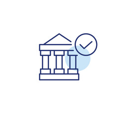 Bank and checkmark. Approved secure transactions, payments and finances. Pixel perfect, editable stroke vector icon