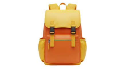 Isolated orange and yellow backpack with adjustable buckle straps, school or travel gear