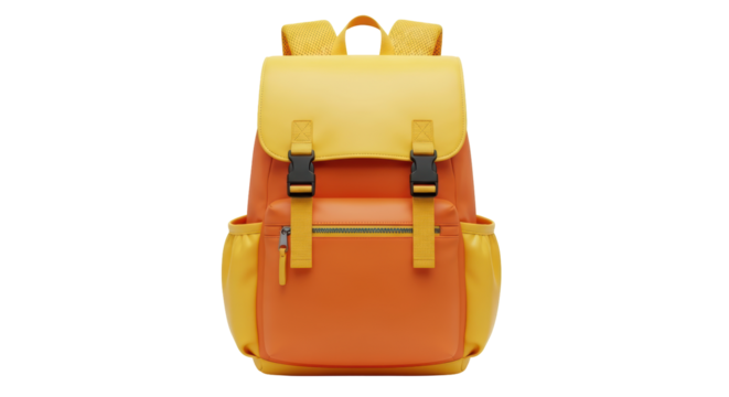 Isolated orange and yellow backpack with adjustable buckle straps, school or travel gear