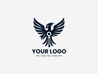 Obraz premium Minimalist bird vector logo with antique key symbol for security company or locksmith business branding