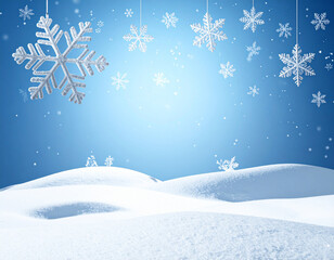 Winter wonderland with falling snowflakes on a blue gradient background Generative AI