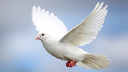 White dove flying gracefully against a soft blue sky during daylight, showcasing its wings and serene presence in nature