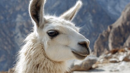 Fototapeta premium Close-Up of a Majestic Llama in the Andean Highlands of Peru with Soft White Fur