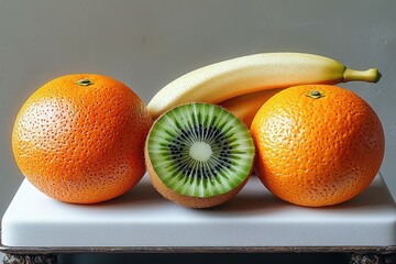 Fresh oranges, banana, and sliced kiwi on table with natural light for healthy breakfast and colorful fruit concept