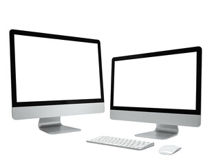 Two blank computer monitors, a keyboard, and a mouse.  A  silver/gray desktop setup