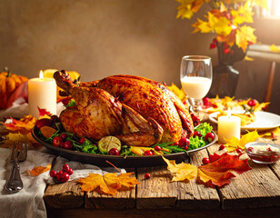 Rustic Thanksgiving dinner featuring roasted turkey and autumn decor Generative AI
