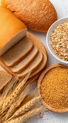 Freshly sliced bread with grains and oats on a wooden board, showcasing natural ingredients and bakery products