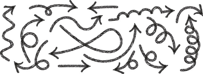 Hand drawn wavy arrows with curly sketch style in various directions. Decorative arrow set for infographic, presentation, and creative projects. Unique doodle arrow illustration collection.