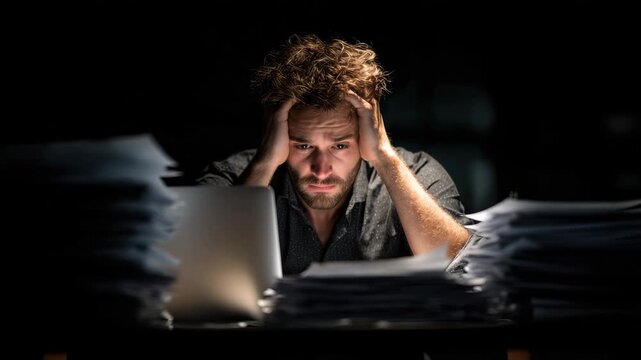 A man sits at a desk late at night, surrounded by stacks of paperwork. His hands are on his head, expressing stress and frustration while working on a laptop in low light