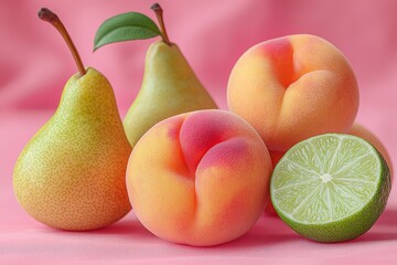 Fresh pears, juicy peaches, and vibrant lime on pink background for healthy eating, summer, and vegan concepts
