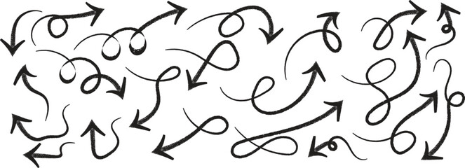 Collection of hand drawn curly arrows with loops and swirls in sketch style. Decorative direction icons for design, infographic, and creative highlights. Simple doodle arrow illustration set.
