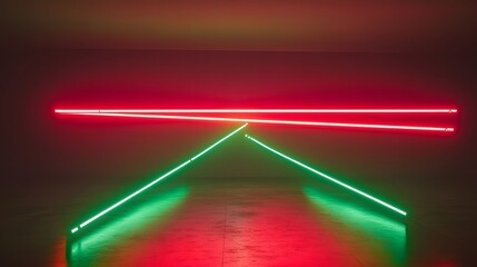 Intriguing neon lights, red and green, intersect in a minimalist, modern display.
