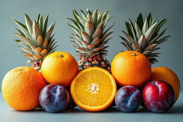 Fresh pineapples, oranges, and plums arranged in a colorful fruit display with vibrant, natural lighting