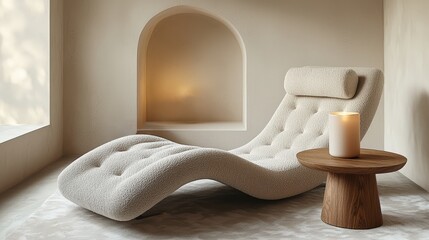 Modern minimalist lounge room with curved boucl chaise, wooden side table, and candle in neutral earth tones