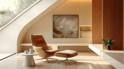 Modern minimalist living room with scandinavian lounge chair, wooden accents, abstract art, cozy lighting, and indoor plant