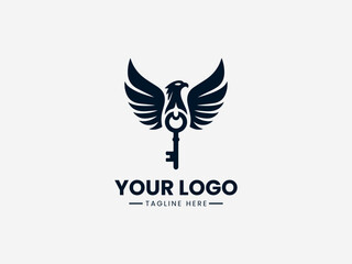 Obraz premium Minimalist bird vector logo with antique key symbol for security company or locksmith business branding
