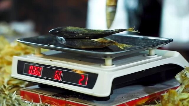 Fresh smoked fish being weighed on a digital scale at a traditional market, representing food trade, seafood sale, and local economy