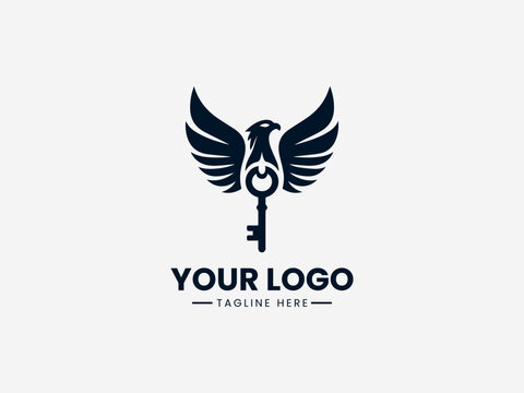 Minimalist bird vector logo with antique key symbol for security company or locksmith business branding