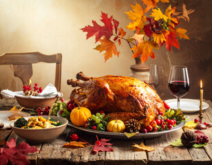 Rustic Thanksgiving dinner table with roasted turkey and autumn decorations Generative AI