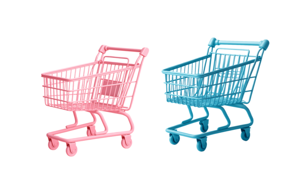 set of shopping carts on a transparent background. blue shopping cart. pink shopping cart. Online shopping. Marketplace. Sale.
