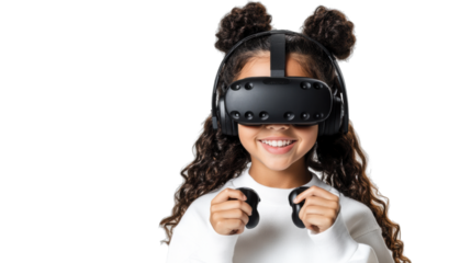 Girl with VR headset smiling on transparent background