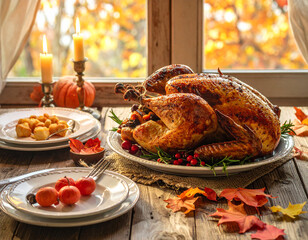 Rustic Thanksgiving dinner table featuring roasted turkey and autumn decorations Generative AI