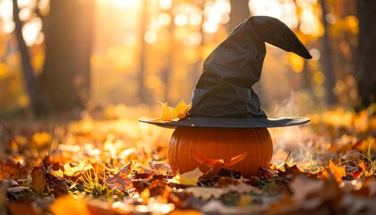 Jack-o'-lantern in witch's hat. Autumnal scene