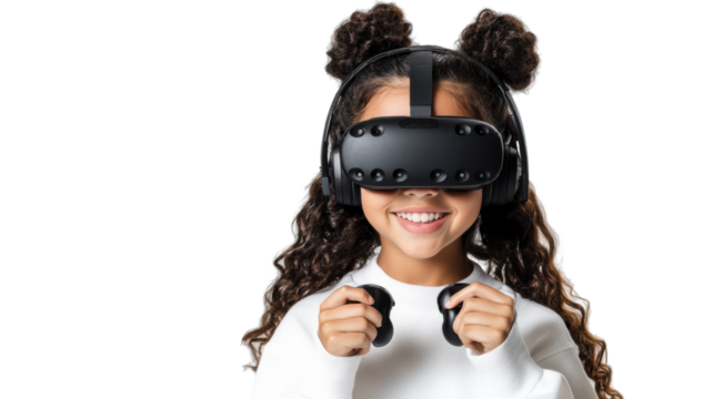 Girl with VR headset smiling on transparent background