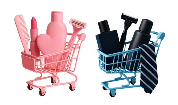 shopping cart with women's goods. shopping cart with men's goods. Basket with personal care products. Body care. Beauty. Illustration for pharmacies or marketplaces.