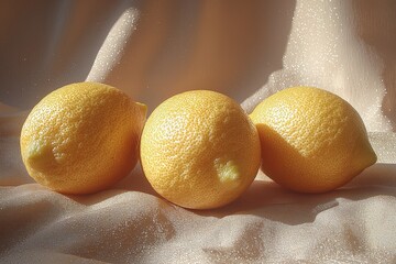 Three fresh lemons on shimmering fabric in natural sunlight with soft shadows and warm tones
