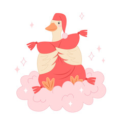 A goose wearing a hat and scarf sits on a cloud